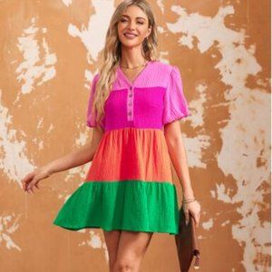 Multicolor Color Block Tiered Puff Sleeve Dress
